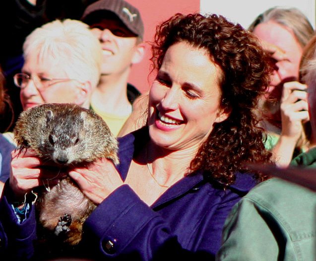 Andie MacDowell with a groundhog, 2008 Author: anoldent CC BY-SA 2.0