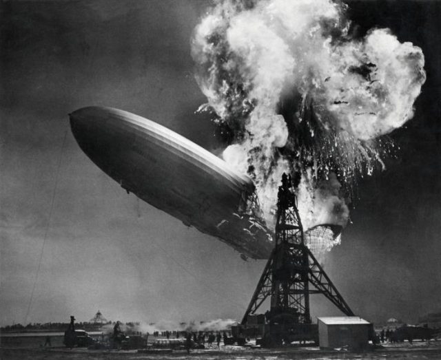 A 1937 photograph of the burning LZ 129 Hindenburg taken by news photographer Sam Shere, used on the cover of the band’s debut album and extensively on later merchandise