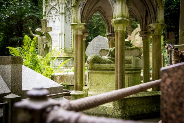 Gothic headstones, sculptures and mausoleums at Highgate Cemetery