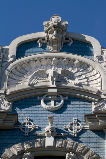 Detail of Art Nouveau (Jugenstil) building in The historic center of Riga, Latvia.