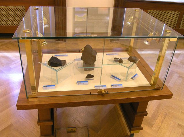 Pieces of Příbram and Morávka meteorites at the Exhibition 50th Anniversary of the Příbram Meteorite Fall, Prague, Czech Republic. Photo Credit Packa – CC BY-SA 3.0
