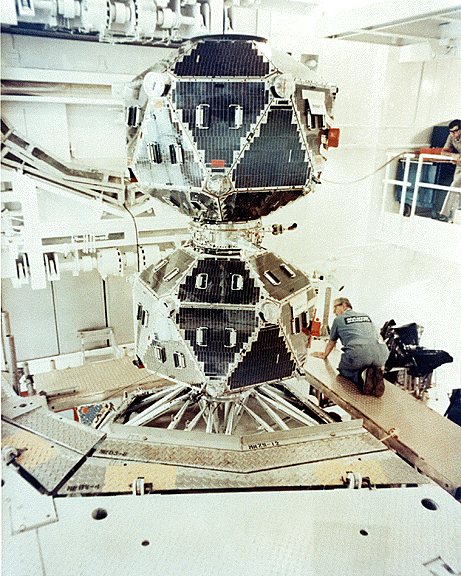 Vela-5A/B Satellites in a clean room. The two satellites are separated after launch.