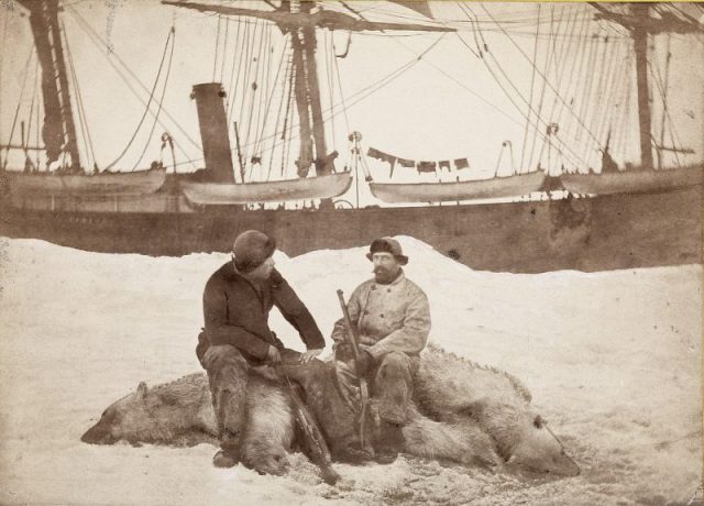 Fridtjof Nansen (left) and Captain Axel Krefting, sitting on just shot polar bear with the Viking in the background