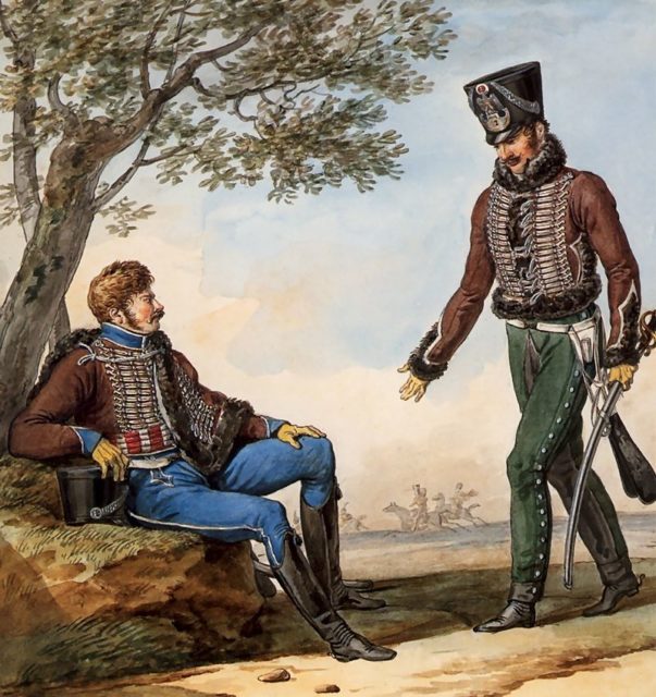 French Hussars in uniforms which remained unchanged from 1790 – 1812.