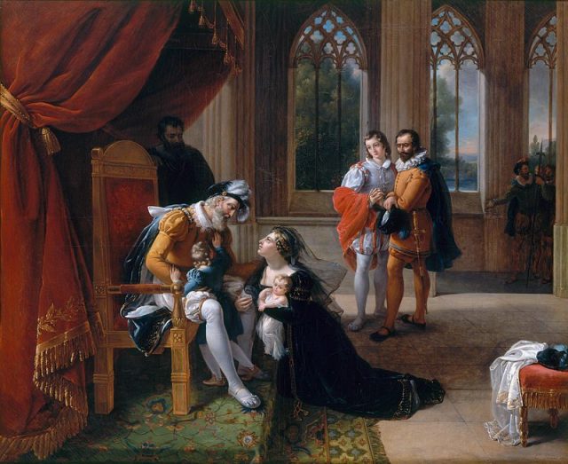 Ines de Castro with Her Children at the Feet of Afonso IV, King of Portugal, Seeking Clemency for Her Husband, Don Pedro, 1335. Painting by Eugenie Servieres, 1822.