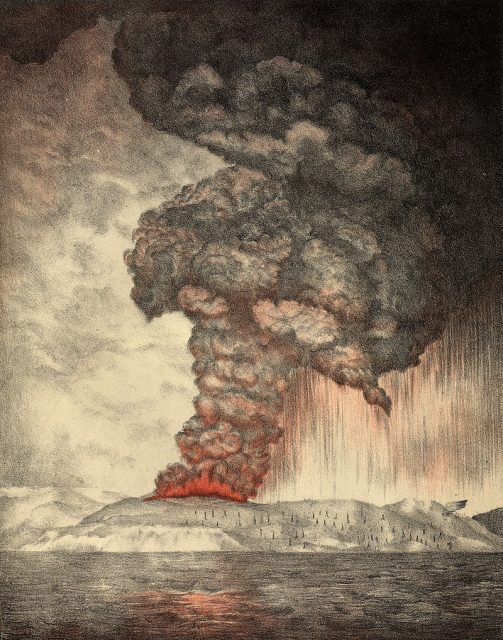 An 1888 lithograph of the 1883 eruption of Krakatoa.