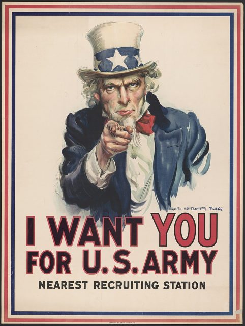J. M. Flagg’s 1917 poster was based on the original British Lord Kitchener poster of three years earlier. It was used to recruit soldiers for both World War I and World War II. Flagg used a modified version of his own face for Uncle Sam, and veteran Walter Botts provided the pose.