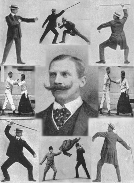 A portrait of E.W. Barton-Wright, with a montage of Bartitsu self defence techniques