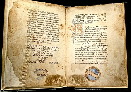 Corpus Hermeticum: first Latin edition, by Marsilio Ficino, 1471 AD, an edition which belonged formerly to the Bibliotheca Philosophica Hermetica, Amsterdam.