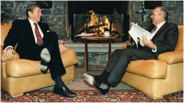 U.S. President Ronald Reagan and Mikhail Gorbachev at the Villa Fleur d’Eau – Geneva Summit, November 19, 1985.