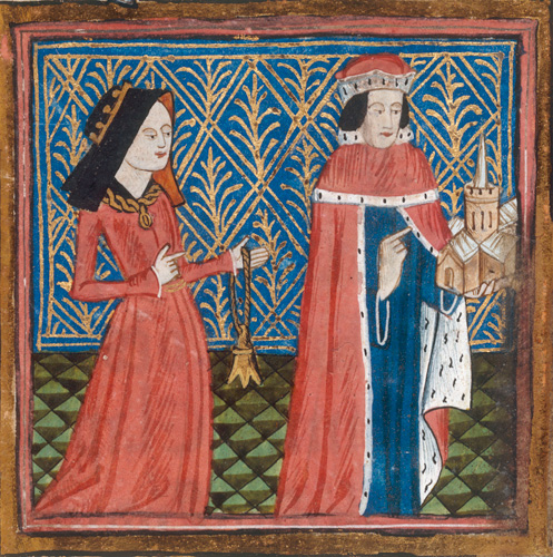 Illuminated miniature of Humphrey, Duke of Gloucester, and his second wife Eleanor, Duchess of Gloucester, from the Liber Benefactorum of St Albans by Thomas Walsingham, Cotton MS Nero D VII, British Library
