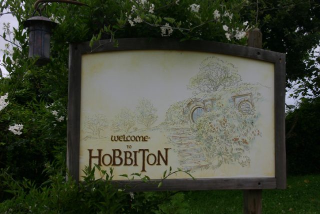 Matamata, New Zealand- January 7, 2015: welcome sign outside the entrance to Hobbiton. Hobbiton is a movie set that was used in the filming of the Lord of the Rings movies and The Hobbit movies.