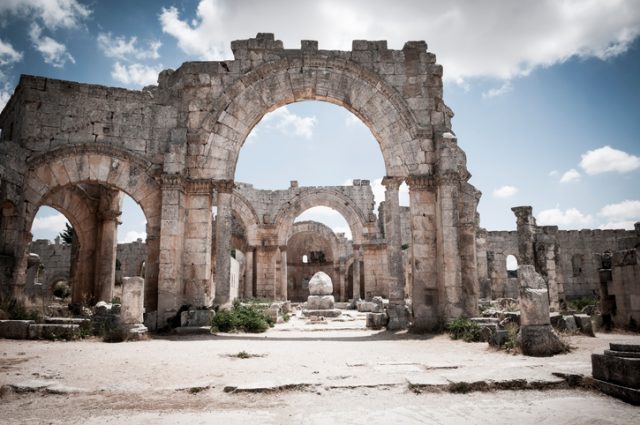 Remains of the Byzantine-era Church of Saint Simeon the Stylite, near Aleppo, Syria. The frame of this significant church is still remarkably well intact. The site is locally known as Qala’at Samaan.