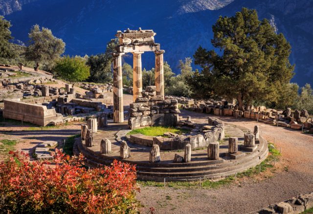 ruins Athina Pronaia temple in Ancient Delphi, Greece