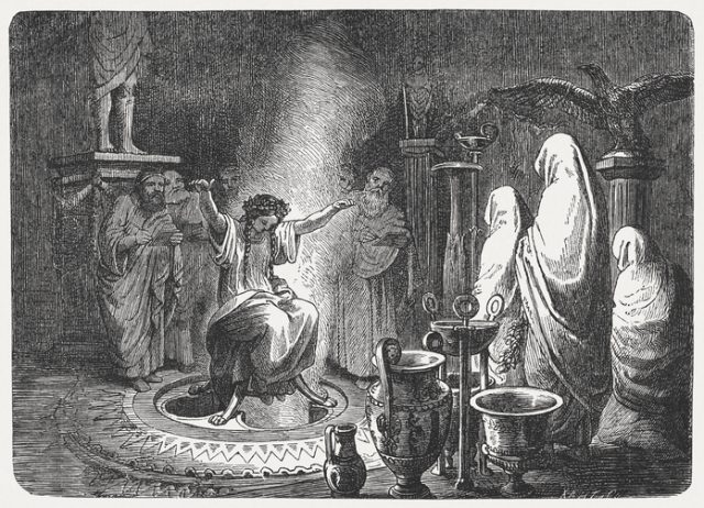 Pythia on the Tripod. As High Priestess of the Temple of Apollo at Delphi, she served as the Oracle of Delphi. Wood engraving after a drawing by Heinrich Leutemann (German painter, 1824 – 1905), published in 1880.