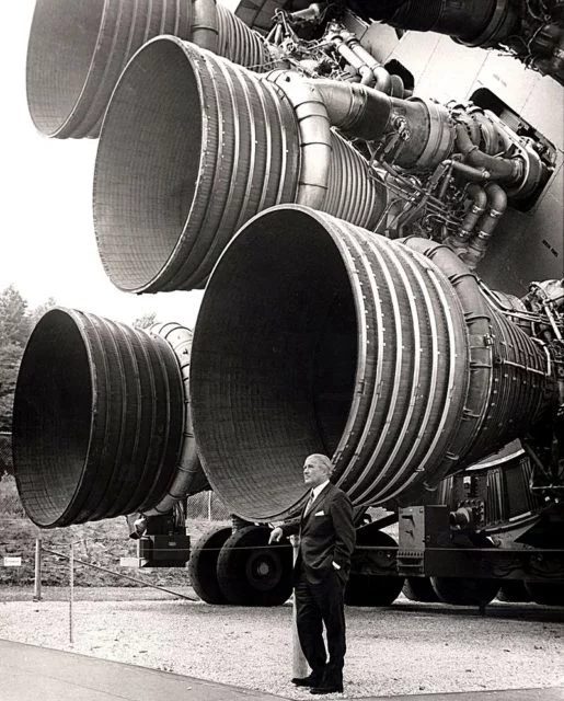 Von Braun with the F-1 engines of the Saturn V first stage at the U.S. Space and Rocket Center.