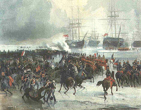 Painting of Charles Louis Mozin (1806-1862), depicting the icebound Dutch fleet defeated and captured by French cavalry (1795)