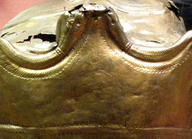 The front peak of the Guisborough helmet, displaying some of the fine embossed work on the piece, Photo: Prioryman, CC BY-SA 3.0