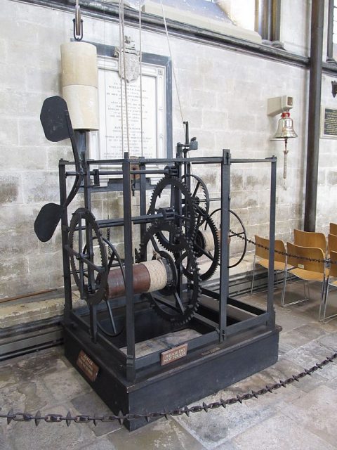 A relic from the Middle Ages, the mechanical clock in Salisbury Cathedral, set to operate a bell in the tower. Supposedly it was first installed in the cathedral around 1386 and was restored 1956. Photo: Rwendland – Own work, CC BY-SA 3.0