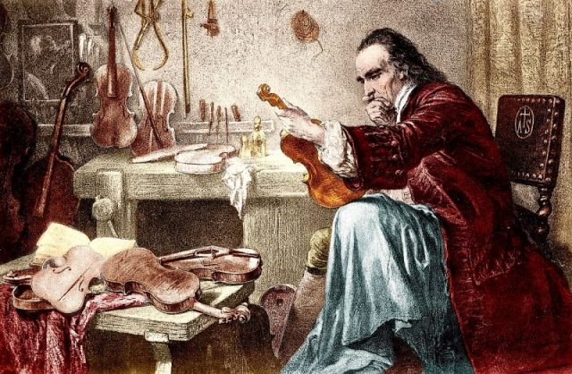 A romanticized print of Antonio Stradivari examining an instrument