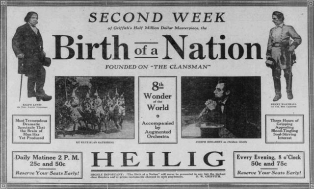 Poster and advertisement of The Birth of a Nation on the second week of release. It includes preview images from the film.Photo:Fransuraci – CC BY-SA 4.0