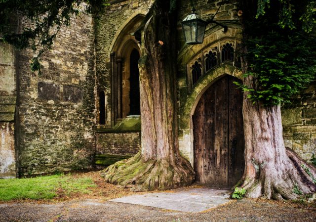 An old entrance door to St Edward’s church in Stow-on-the-Wold, Gloucestershire England.