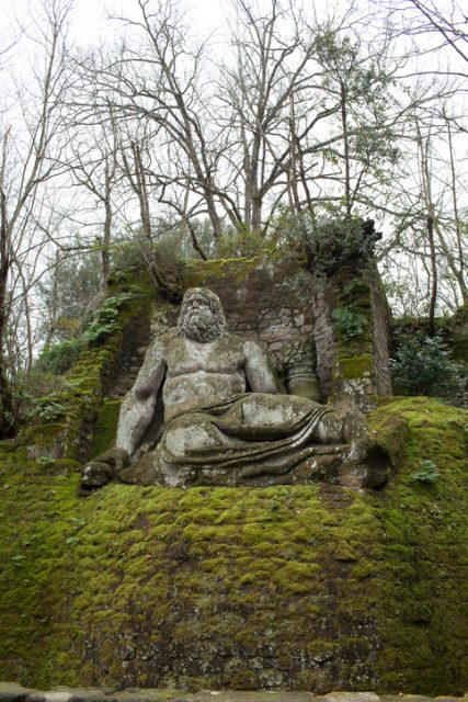 Bomarzo, Italy – January 10, 2015: Neptune statue in the gardens of Bomarzo, Viterbo province, Italy.