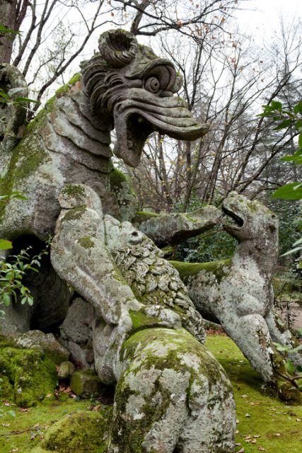 Bomarzo, Italy – January 10, 2015: Winged dragon statue in the gardens of Bomarzo, Viterbo province, Italy.