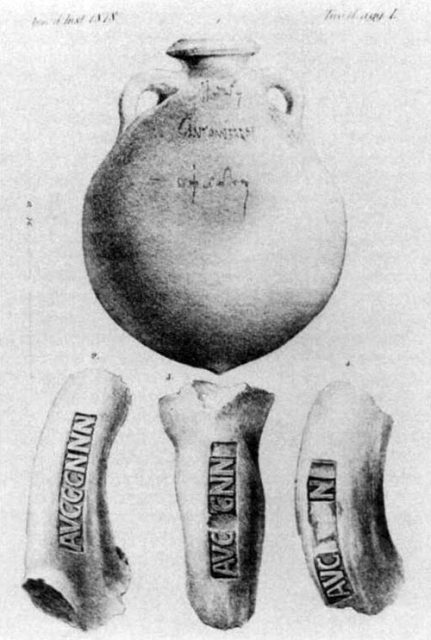 Documentation of amphora with examples of “tituli picti” (the name of the inscriptions showing the provenance of the imported goods) as found in the early excavation led by Dressel