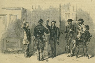 A woodcut illustration of the St. Albans Raid in St. Albans, Vermont, United States. At the bank, the raiders forced those present to take an oath of loyalty to the Constitution of the Confederate States of America.