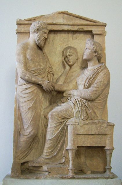 Funerary stele of Thrasea and Euandria. Marble, ca. 375-350 BC. Antikensammlung Berlin, 738. Photo:Marcus Cyron – CC BY-SA 3.0