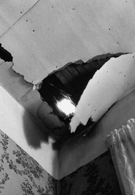 Interior view of a hole in the ceiling of the rental home where Ann Elizabeth Hodges and her husband lived, through which she was struck by a falling meteorite, Sylacauga, Alabama, late 1954. (Photo by Jay Leviton/The LIFE Images Collection/Getty Images)