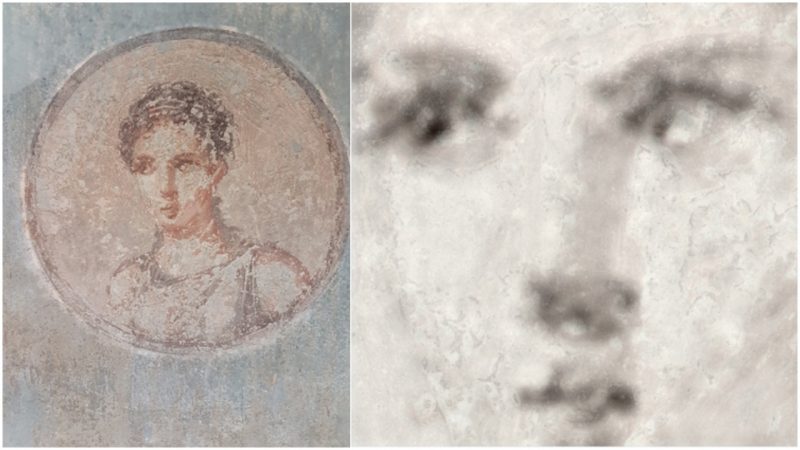 An iron element map (right) made with new X-ray technology reveals the underlying craftsmanship hidden beneath a damaged portrait of a Roman woman (left). Photo credit: Roberto Alberti.