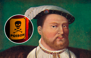 Illustration of King Henry VIII, a poison label on a bottle.