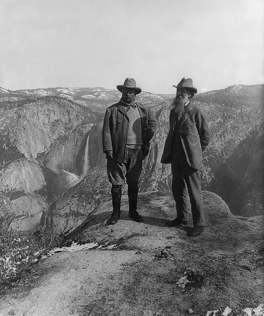 Theodore Roosevelt and John Muir at Glacier Point in Yosemite, 1906.