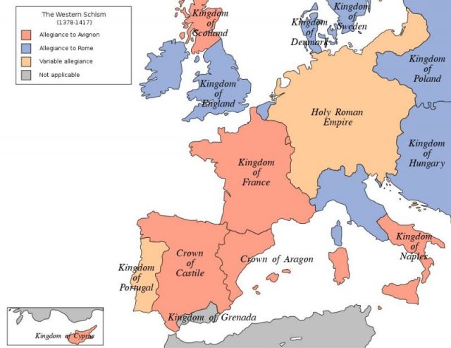 Map showing support for Avignon (red) and Rome (blue) during the Western Schism; this breakdown is accurate until the Council of Pisa (1409), which created a third line of claimants. Photo by: Grand_schisme_1378-1417. CC BY-SA 3.0