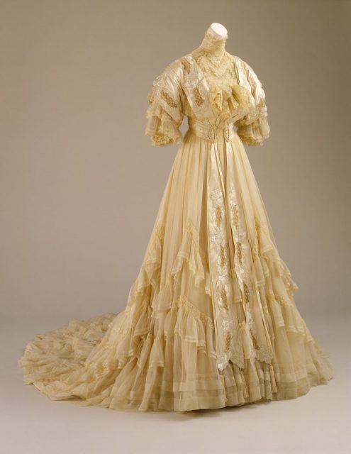 A two-piece wedding dress made of silk chiffon, dated to 1894. Exhibited at the Los Angeles County Museum of Art