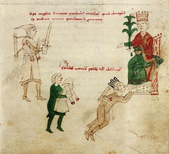 Depiction of Richard being pardoned by Emperor Henry VI, c. 1196