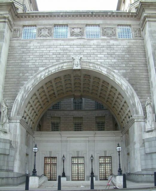 The archway, showing the GMW infill extension built for MI5 Photo by TagishsimonCC BY-SA 3.0