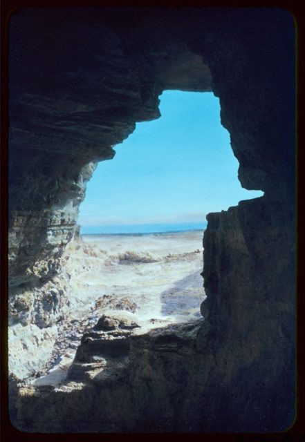 A view of the Dead Sea from a cave at Qumran in which some of the Dead Sea Scrolls were discovered.