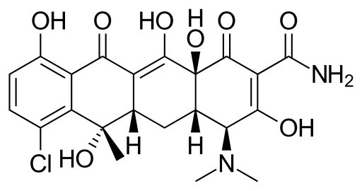 Skeletal formula of chlortetracycline — a tetracycline antibiotic.