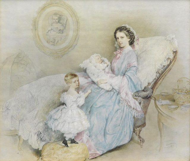Empress Elisabeth with her two children and a portrait of the late Archduchess Sophie Friederike, 1858