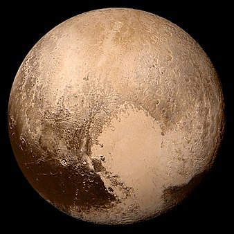 Full-disc view of Pluto in near-true color, imaged by New Horizons