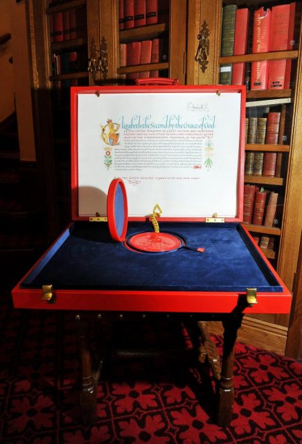 The ‘Instrument of Consent’, which is the Queen’s historic formal consent to Prince William’s forthcoming marriage to Kate Middleton, is seen at the Crown Office at the House of Lords, London (Photo by Clive Gee/WPA Pool/Getty Images)