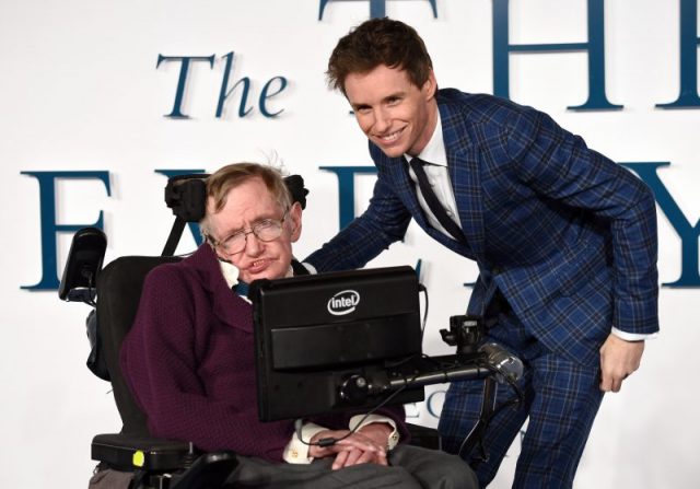 Professor Stephen Hawking and Eddie Redmayne attend the UK Premiere of ‘The Theory Of Everything’ at Odeon Leicester Square on December 9, 2014 in London, England. (Photo by Karwai Tang/WireImage)
