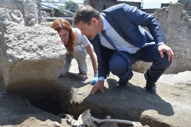 A skeleton of a victim recently found in the new work area of Regio V in the archaeological site of Pompeii. (Photo by Soprintendenza Archeologica Pomp/KONTROLAB /LightRocket via Getty Images)