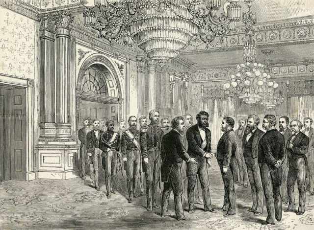Illustration of Kalākaua’s state dinner at the White House, meeting with President Ulysses S. Grant.