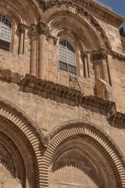 The immovable ladder on the Church of the Holy Sepulchre in the old city of Jerusalem