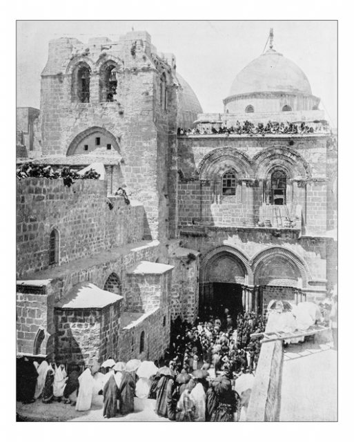 Old photograph of crowd outside the Church of the Holy Sepulchre (Jerusalem, Israel) in a 19th century picture depicting many people entering in the church (that according to the legend is built over the tomb of Jesus Christ). The Romanesque/Baroque building is located within the Christian Quarter of the Old City of Jerusalem and it is a UNESCO World Heritage Site.