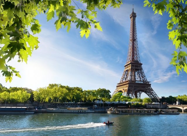 River Seine in Paris with the Eiffel Tower at sunrise time